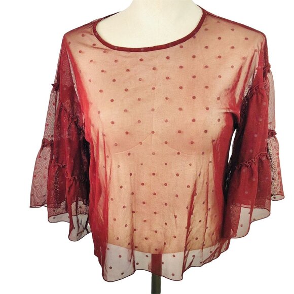 Express Small Petite Sheer Maroon Lacy Top Ruffled Bell 3/4 Sleeves Spotted - Picture 1 of 10